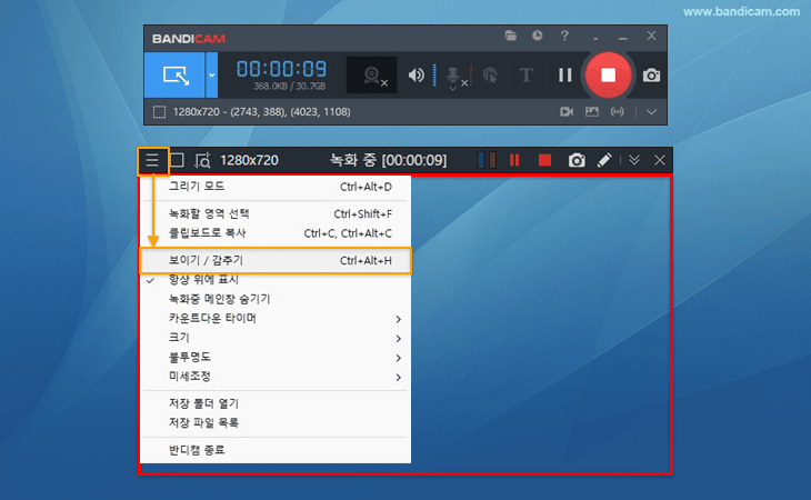 녹화 영역창 감추기