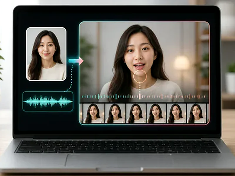 인물 사진, 파형, 동영상 프레임이 보이는 AI 립싱크 미리보기