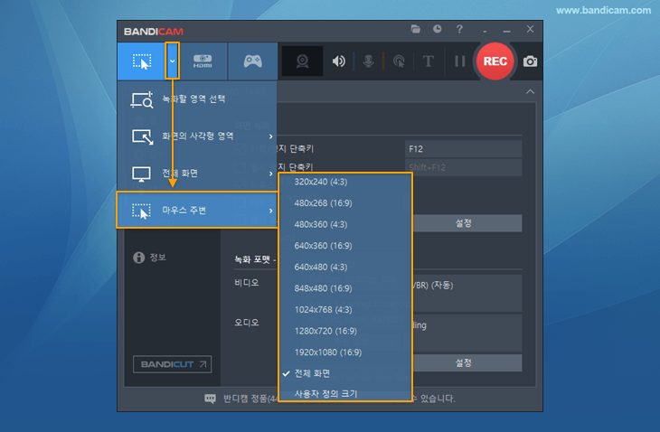 반디캠, 마우스 주변 녹화