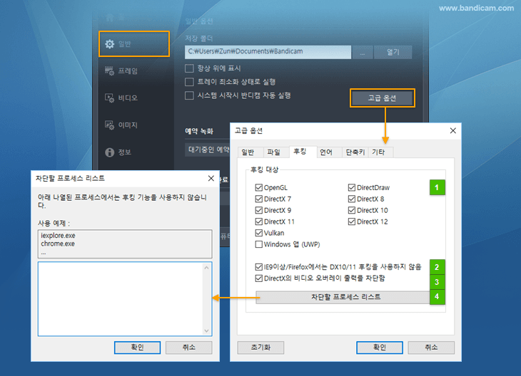 반디캠 고급옵션 - 후킹