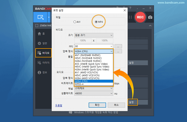 MP4, H264 비디오 코덱 선택, 반디캠