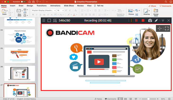 웹캠 오버레이, 사각형 녹화, 파워포인트 녹화