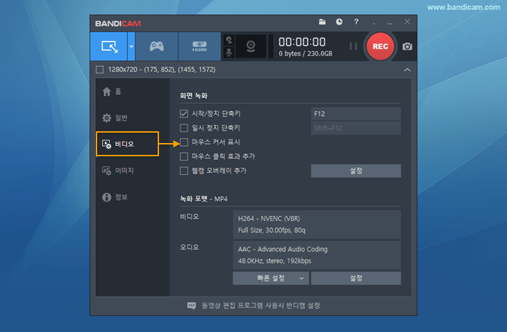 마우스 커서 표시 안함